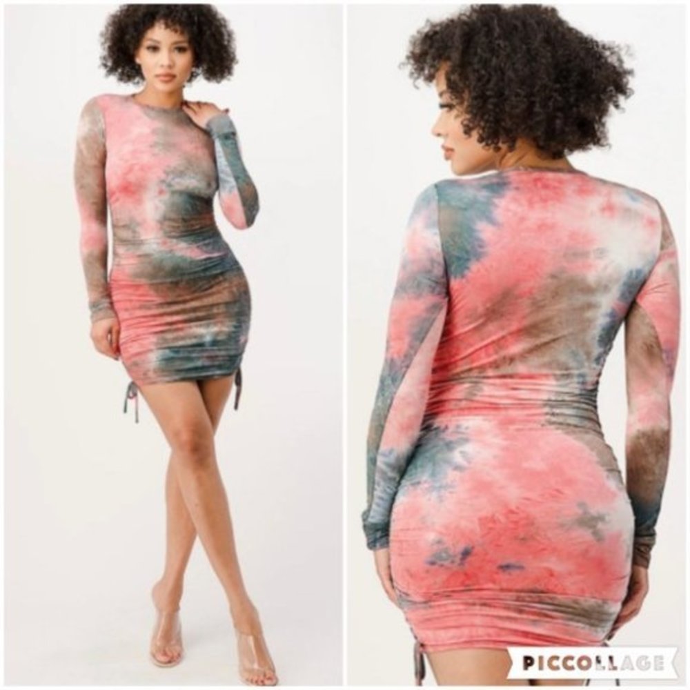 Ruched Drawstring Knot Tie Dye‎ Bodycon Dress
